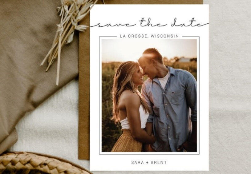 A save the date card is displayed with a a white clean layout.