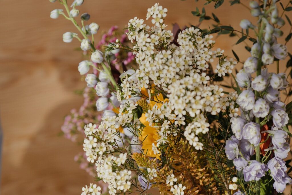 Wildflower and Baby's Breath boquet for a perfect spring wedding.
